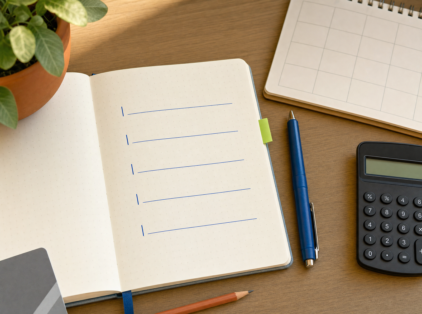 Leeres Notizbuch mit fünf Budgetlinien, Kalender und Taschenrechner