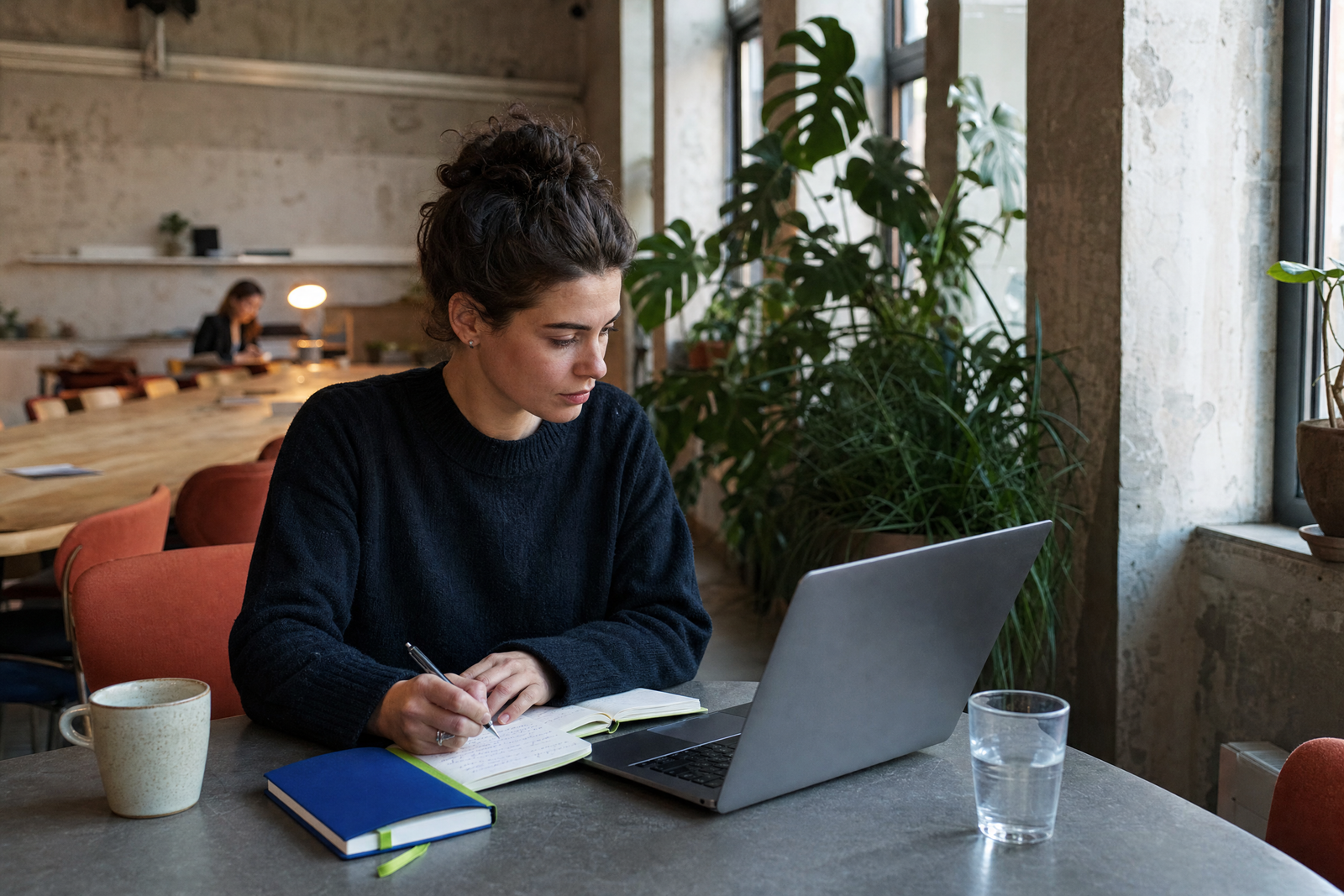 Eine Lernende macht sich in einem ruhigen Arbeitsraum Notizen neben einem Laptop